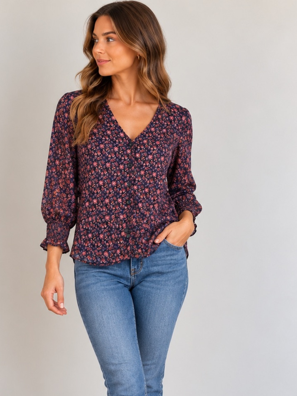 Madewell (Re)sourced Georgette Smocked-Cuff Button Front Top Orchard Floral 4